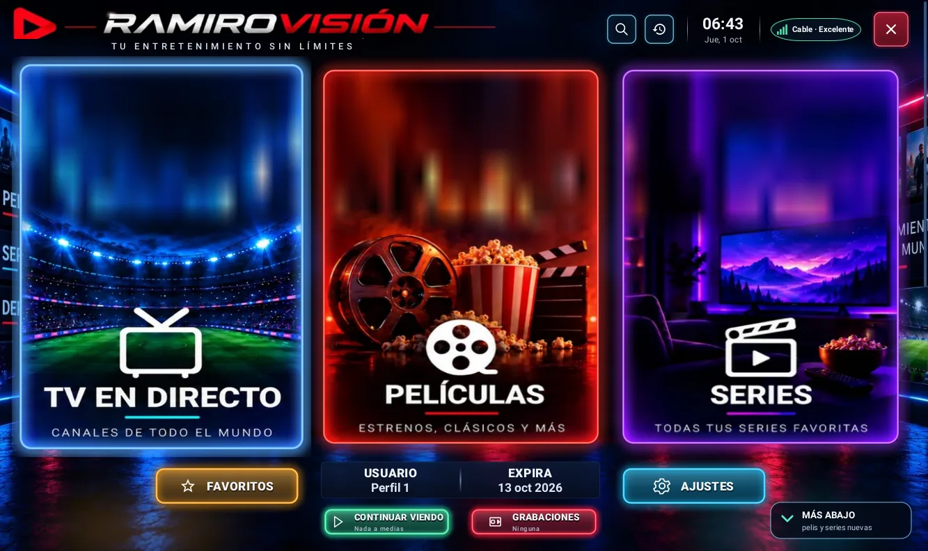 Pantalla de inicio de Ramiro Visión con TV en directo, Películas y Series