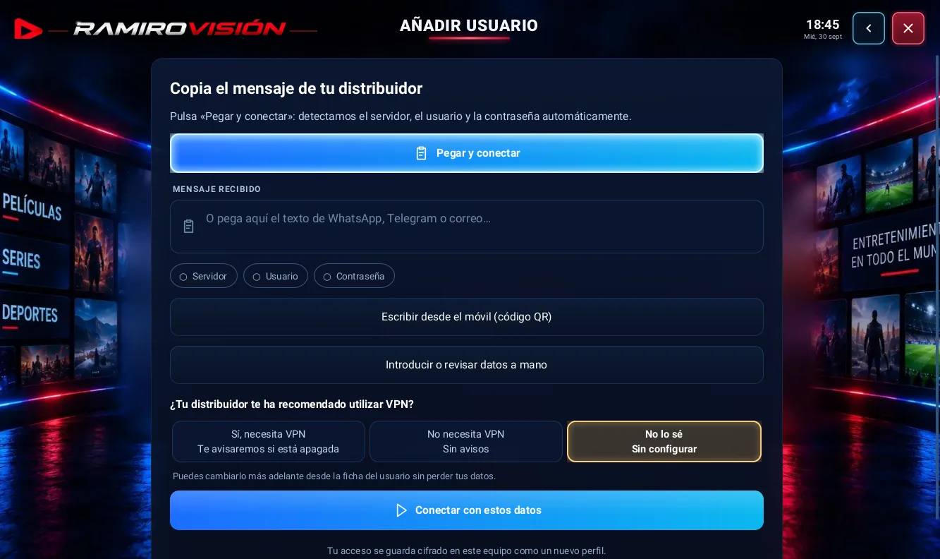 Pantalla Añadir usuario con el botón Pegar y conectar