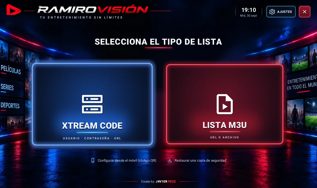 Selección del tipo de lista: Xtream Code o Lista M3U